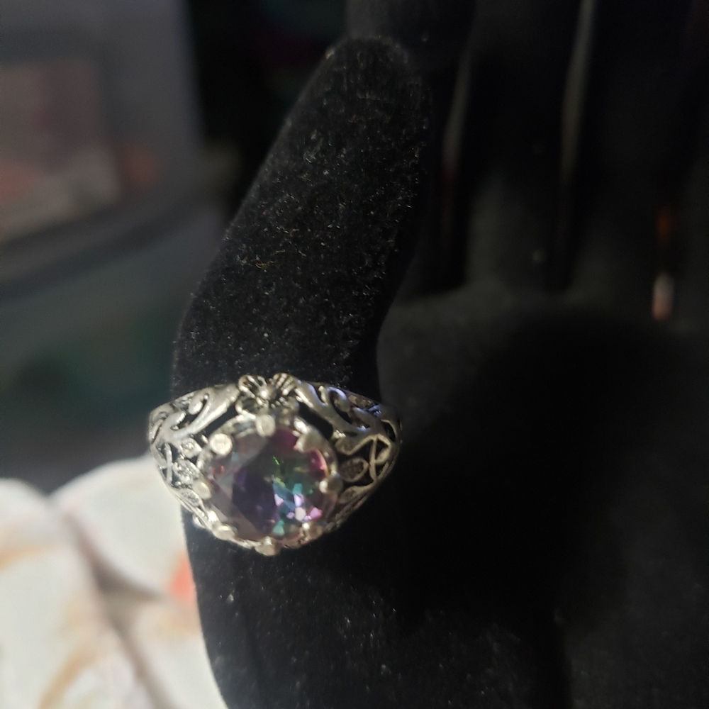 Sz. 10 Sterling  Iridesent stone  ring New